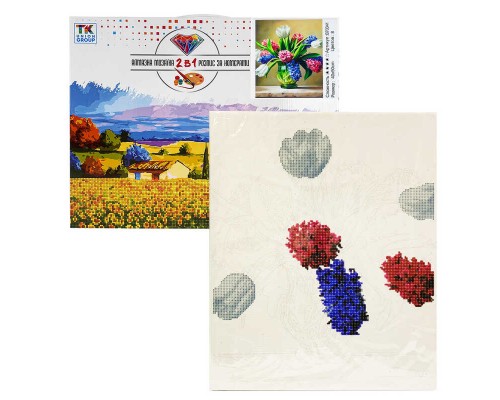 Картина за номерами + Алмазна мозаїка B 70341 (30) "TK Group", 40х50 см, "Букет тюльпанів та бузку", в коробці