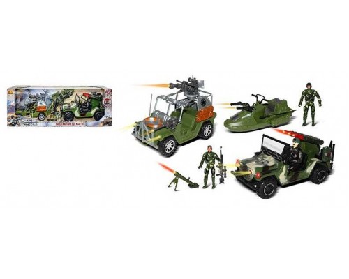 Набір спецтехніки HW-S 3707 (12) 2 машини, шлюпка, гранатомет, 3 ігрових фігурки військових, в коробці