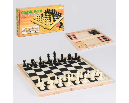 Шахи дерев'яні С 36816 (24) 3 в 1, дерев'яна дошка, дерев'яні шахи, в коробці