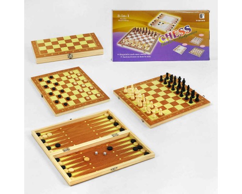 Шахи С 45001 (72) 3в1, дерев'яна дошка, дерев'яні шахи, в коробці