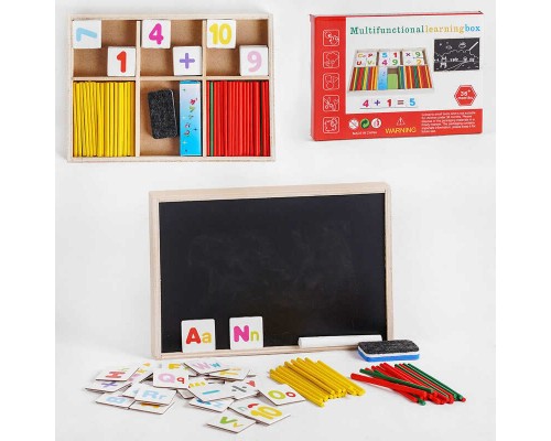 Дерев’яна іграшка Математика C 52559 (100) “Multifunctional learning box”, палички, цифри, знаки, дошка для малювання крейдою, у коробці