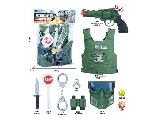 Військовий набір 2022-71 (60/2) 8 елементів, револьвер зі світлозвуковими ефектами, бронежилет, маска, у пакеті