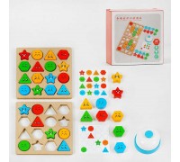 Логічна дерев'яна гра С 58044 (72) "Фігурні перегони", 2 рамки, геометричні фігури, картки, дзвіночок, в коробці