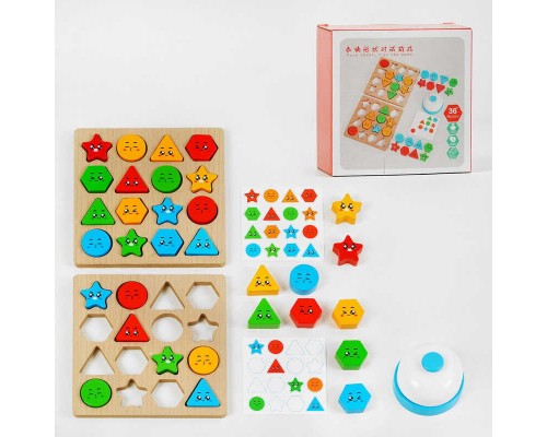 Логічна дерев'яна гра С 58044 (72) "Фігурні перегони", 2 рамки, геометричні фігури, картки, дзвіночок, в коробці