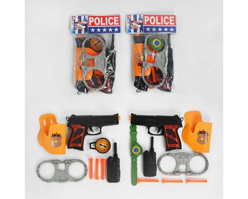 Поліцейський набір 07-13 (240/2) 2 види, пістолет у кобурі, силіконові патрони, рація, наручники, у пакеті