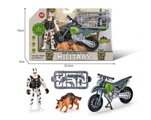 Військовий набір F 9-1 (240/2) мотоцикл, фігурка військового, собака, зброя, в коробці