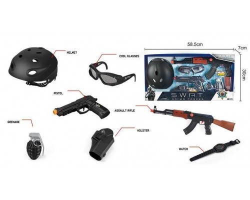 Набір поліції S 006 B (12) 8 елементів, каска, пістолет, автомат, граната, окуляри, в коробці
