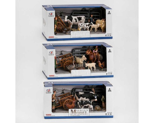 Набір тварин Q 9899 Y-30 (36/2) "Сільськогосподарські тварини", 3 види, 10 елементів, 6 фігурок тварин, 2 фігурки фермерів, вольєр, у коробці