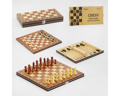 Шахи С 45103 (60) 3в1, магнітні, дерев'яна дошка, дерев'яні шахи, в коробці